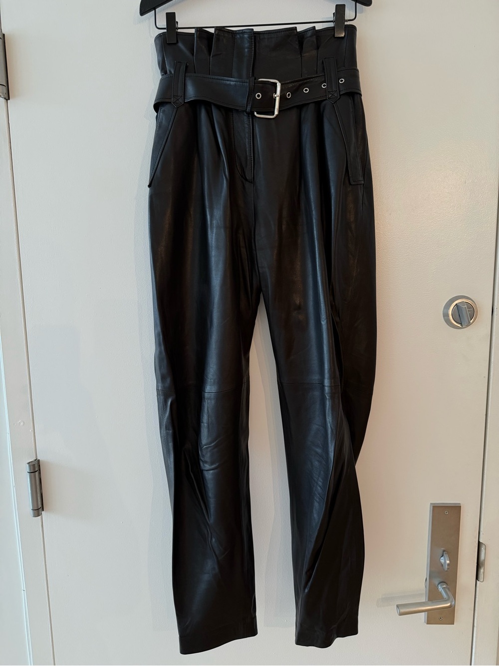 IRO Black Lamb Leather Belted Paperbag-Waist Pants